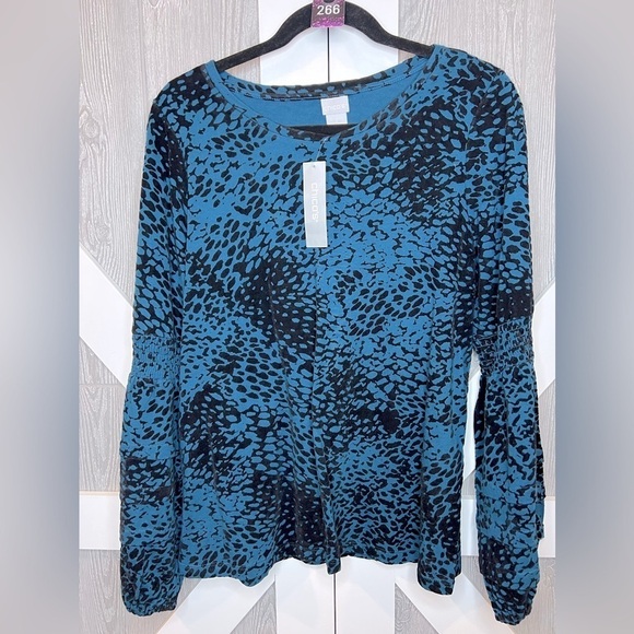 Chico's Sweaters - B14.25 NWT Chico's Teal Blue & Black Velvet Flocked Balloon Sleeve Knit Top 2